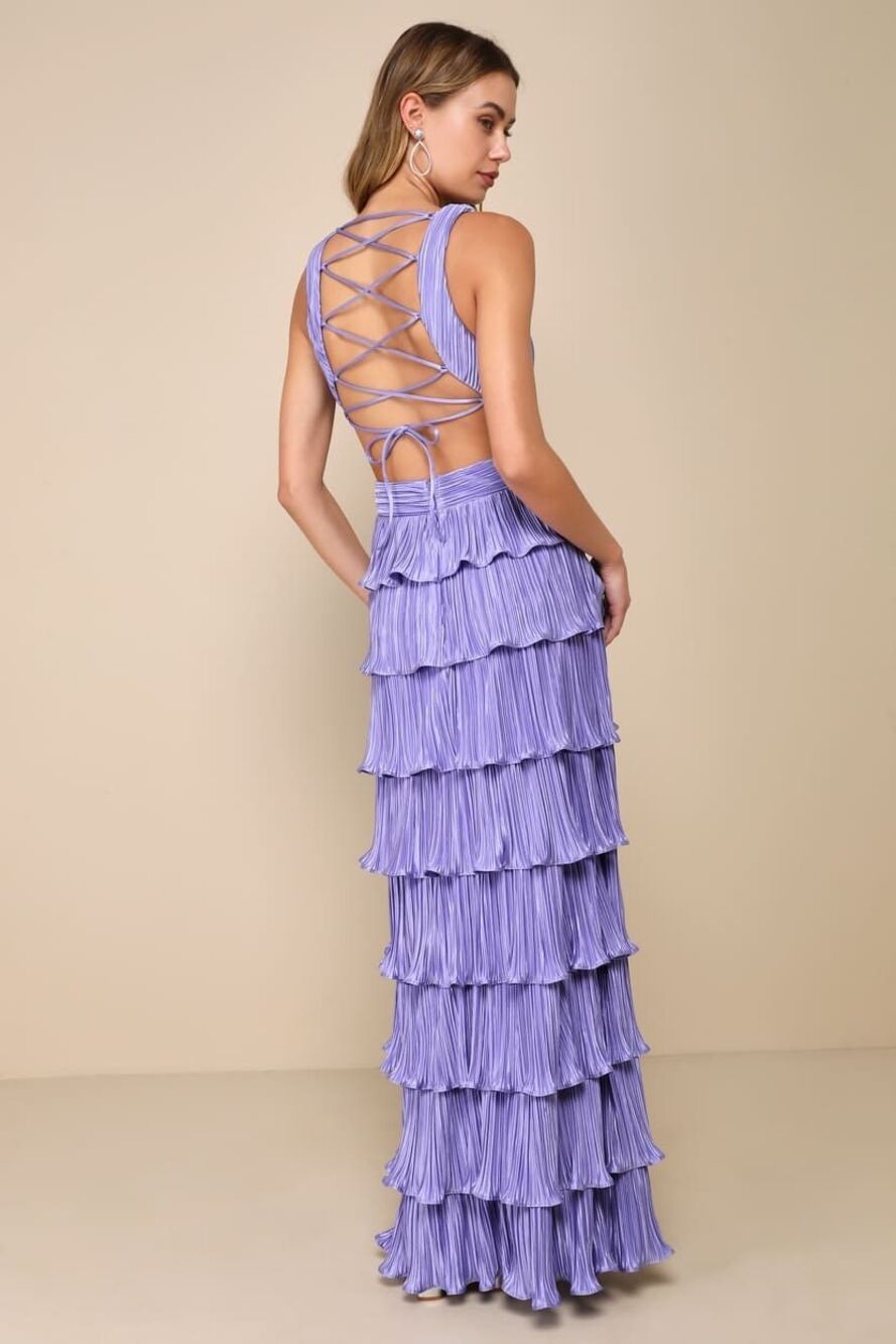 Lulus Beauty Icon Lavender Satin Pleated Tiered Lace-Up Maxi Dress Size M - Picture 2 of 12